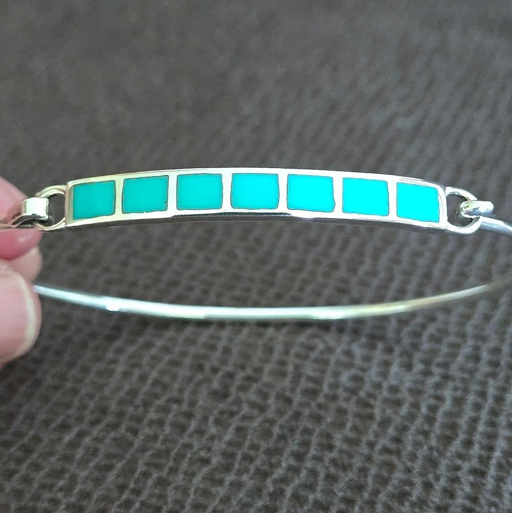 Taxco Sterling Silver🤍 Sleeping Beauty Turquoise🩵 Squares Flush Inlay Bracelet - Picture 6 of 16